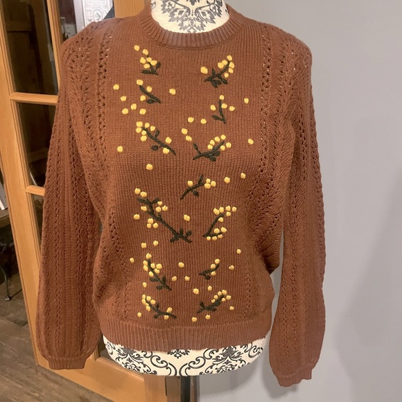 Sezane Sweaters - Sezane Brown Knit Sweater with Yellow Floral Embroidery